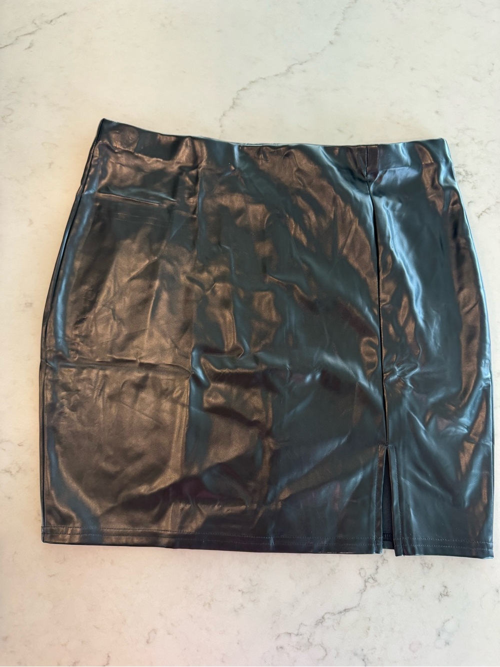 Classic Black Faux Leather Pencil Skirt with Front Slit NWT